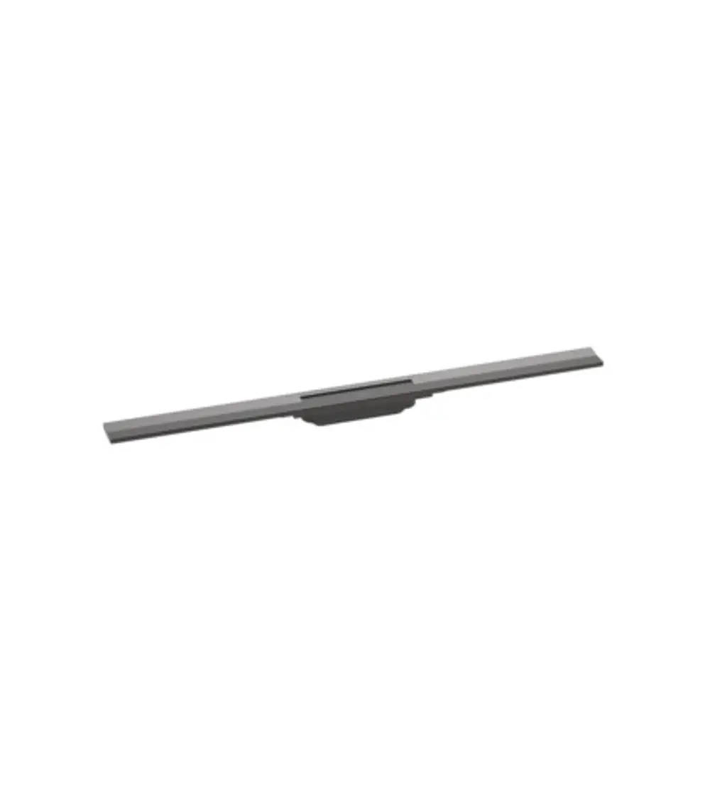 Hansgrohe Duschrinne in gebürstetem Schwarzchrom, schmaler, rechteckiger Entwässerungskanal, langgestreckt ohne sichtbare Montageelemente.